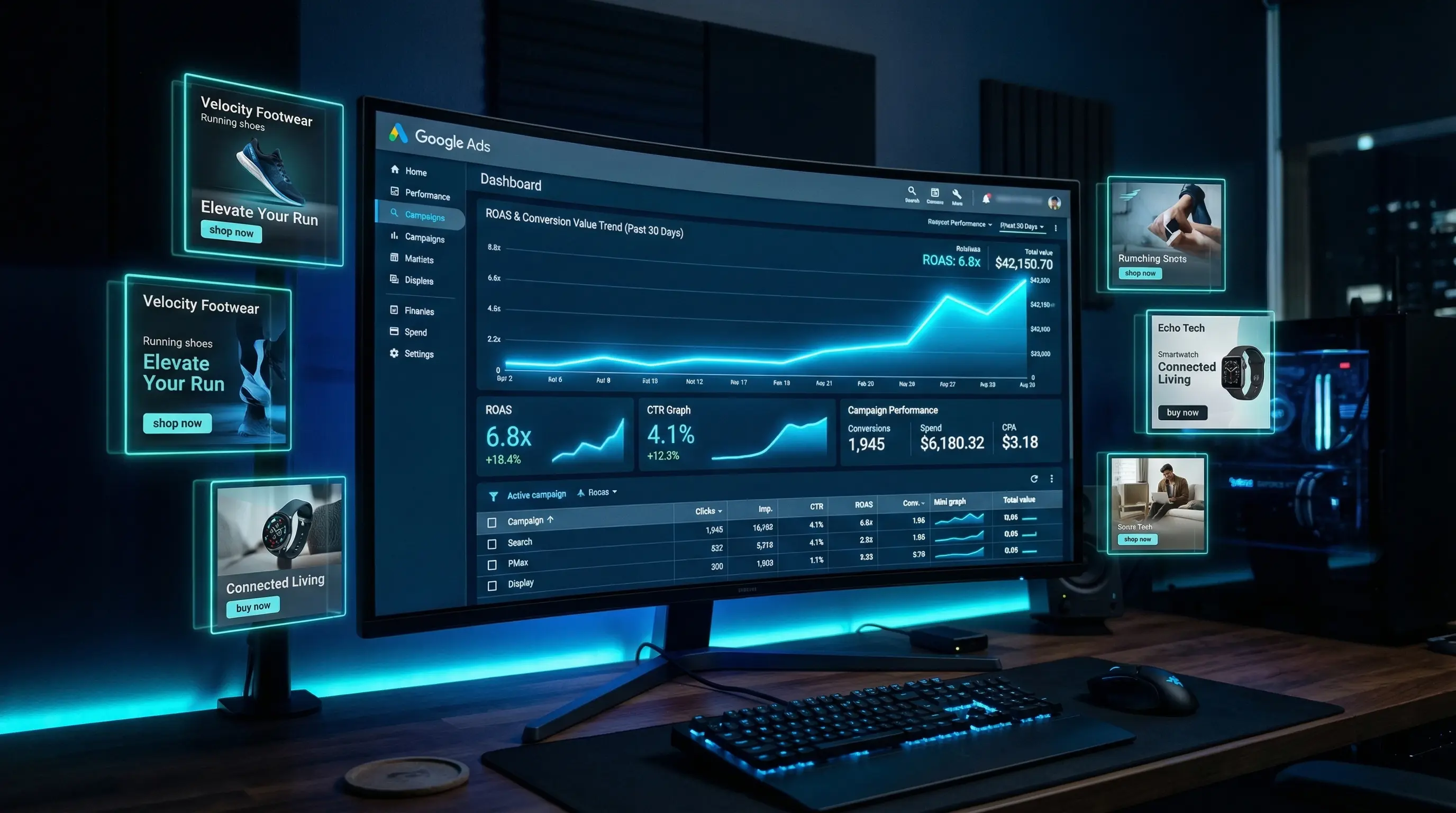 Google Ads management pricing - campaign dashboard with ROAS metrics for Indian businesses
