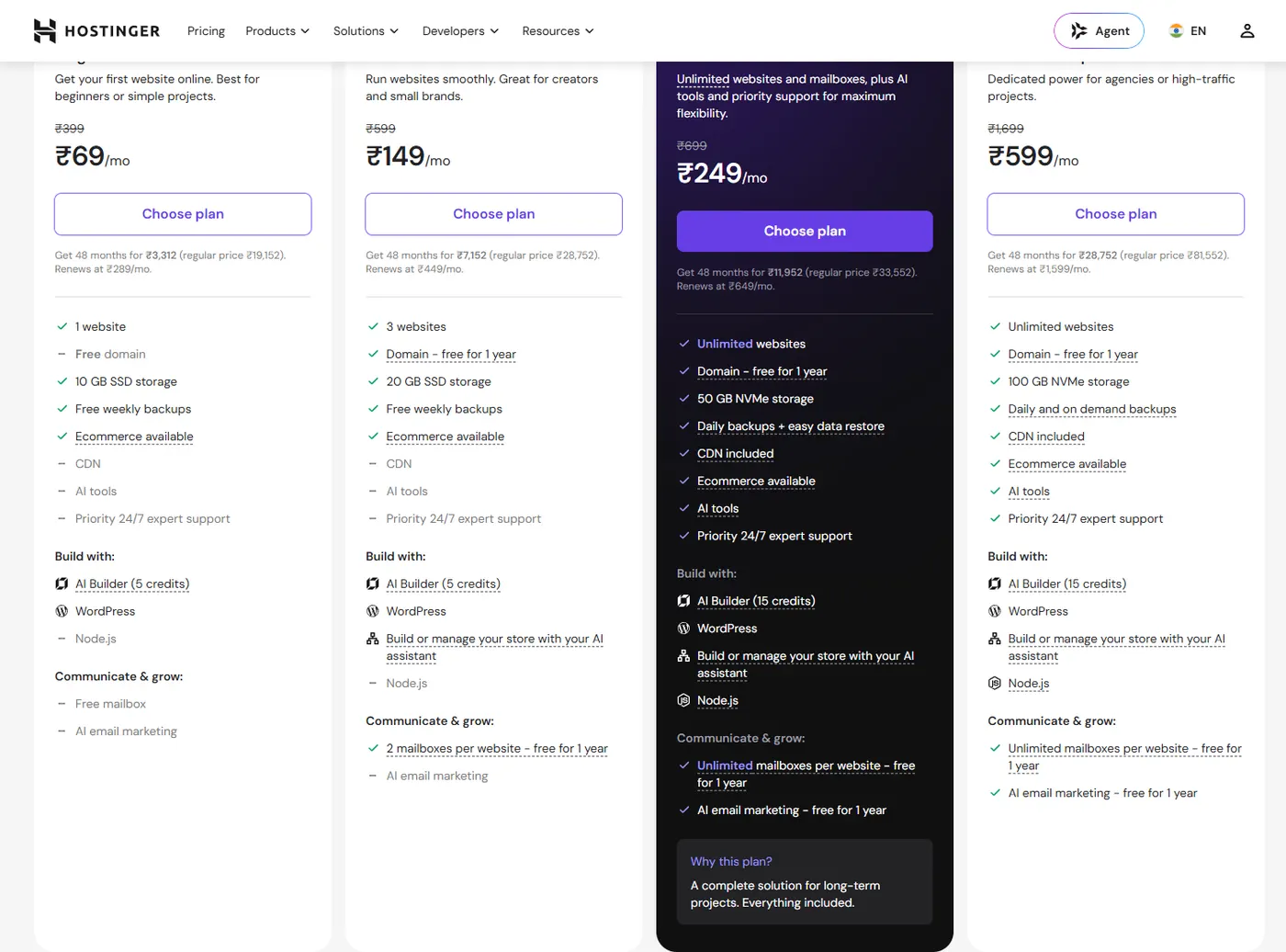 Hostinger India web hosting plans showing renewal rates, September 2026