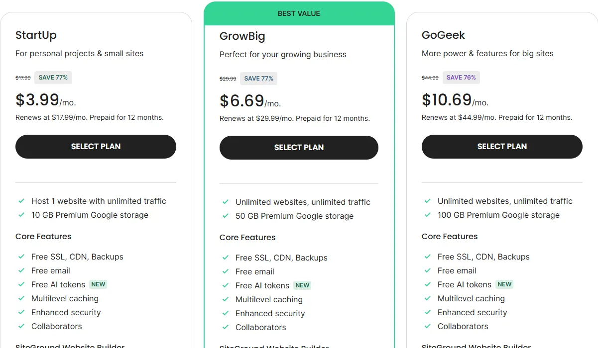 SiteGround hosting plans and prices, September 2026